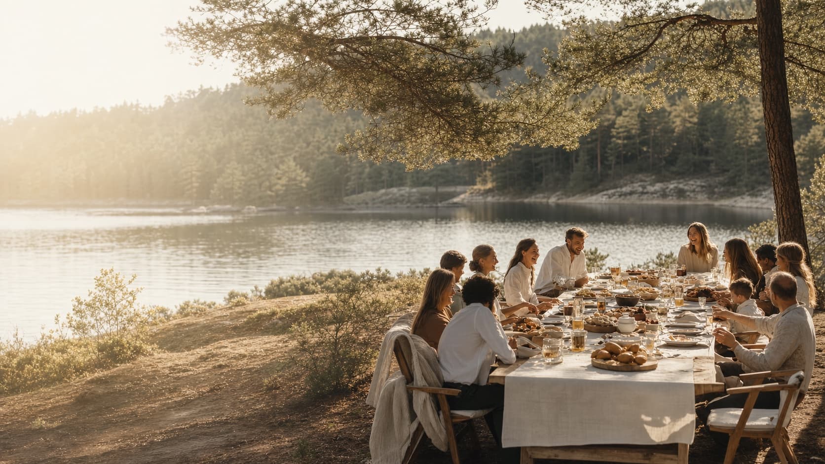 Family and friends sharing a meal beside a quiet lake
